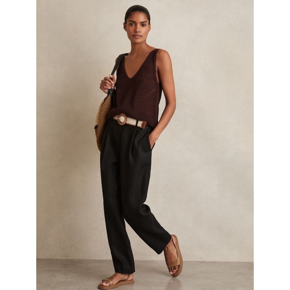NWT‎ Reiss Black Beau Belted Linen Tapered Trousers / 100% Linen! / Size 16